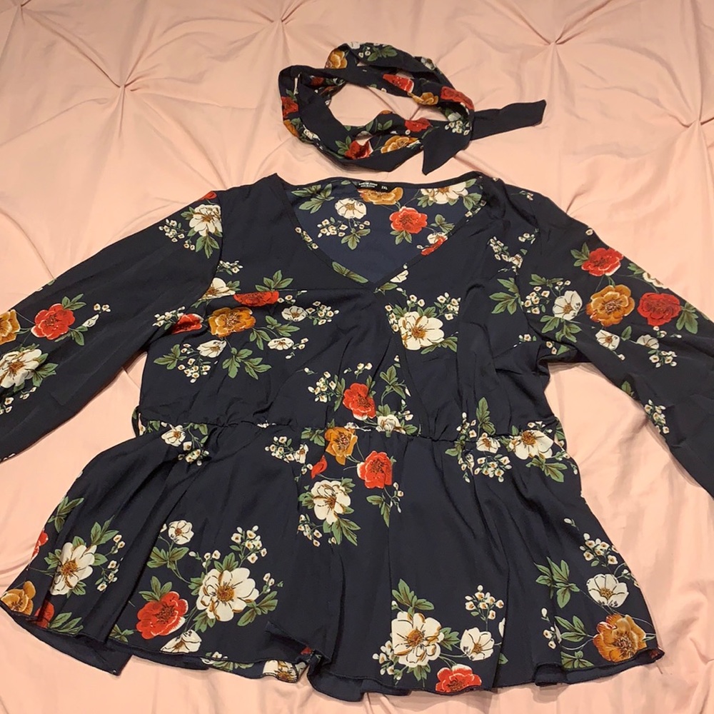 Shein Curve 2XL Flounce Sleeve Floral Print Top